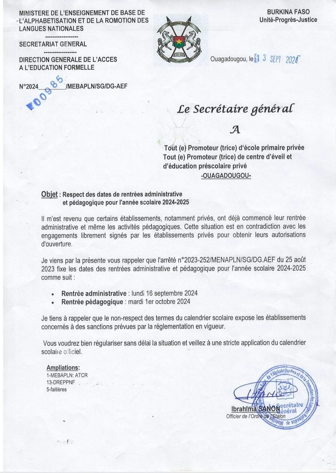 Correspondance sur la rentrée scolaire