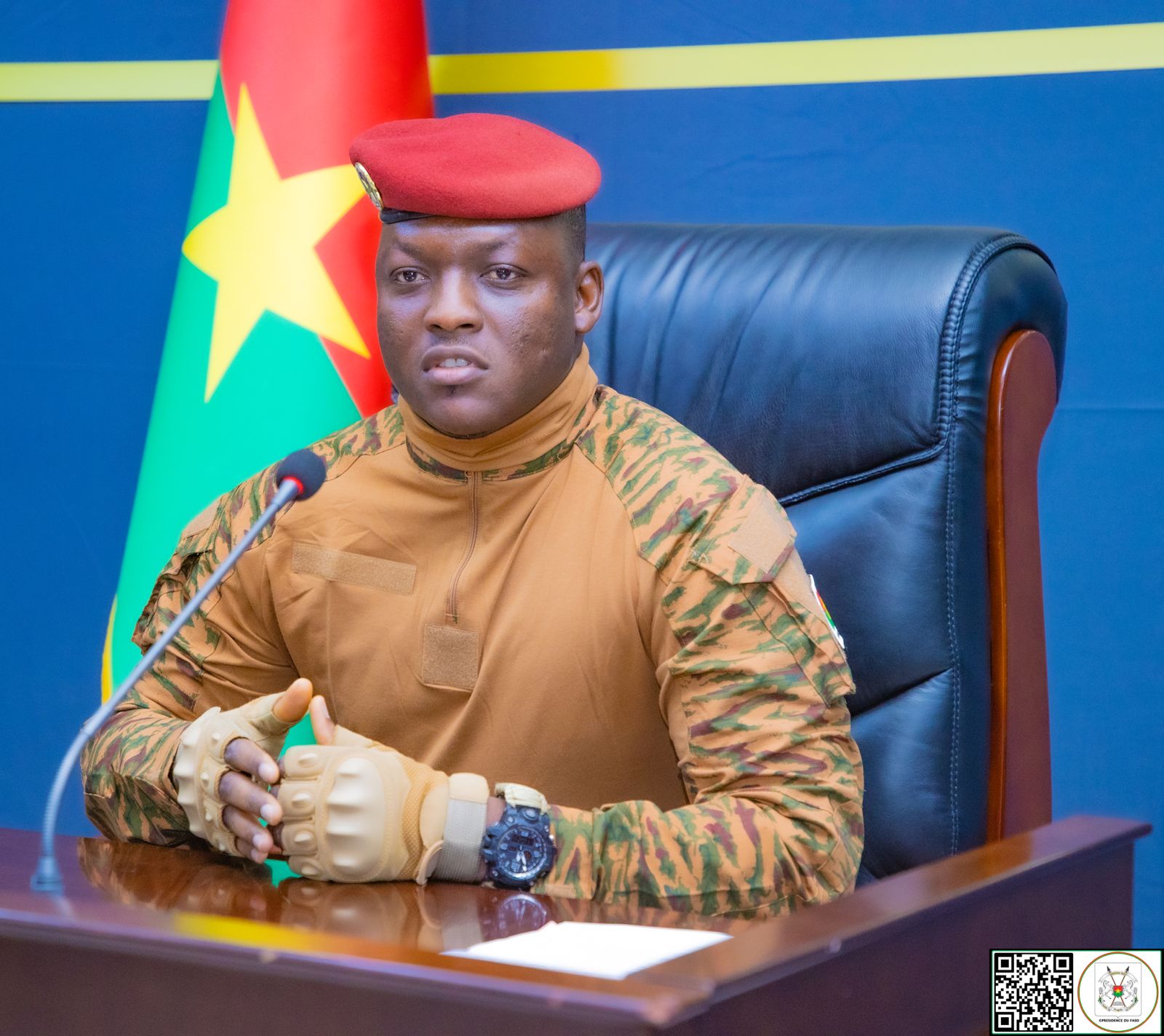 Le Chef de l'Etat, le Capitaine Ibrahim Traoré lors de la première rencontre statutaire de l’année 2024 entre le Conseil supérieur de la magistrature (CSM) nouveau format et le Président du Faso, 25 novembre 2024