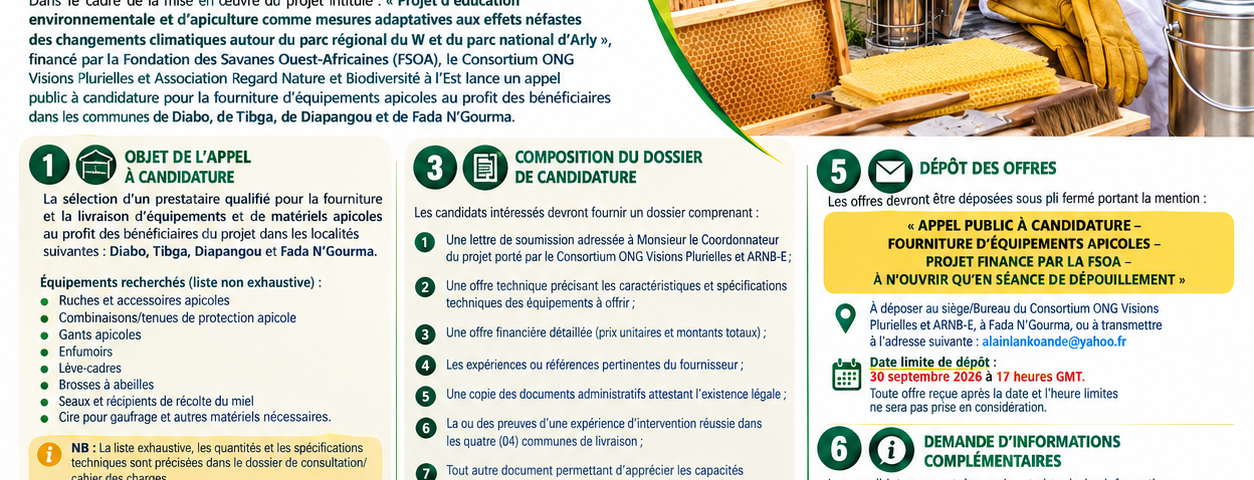 AVIS D’APPEL PUBLIC À CANDIDATURE POUR LA FOURNITURE D’ÉQUIPEMENTS APICOLES/Référence : N°002-2026/ONG VP et ARNB-E/FSOA septembre 2026