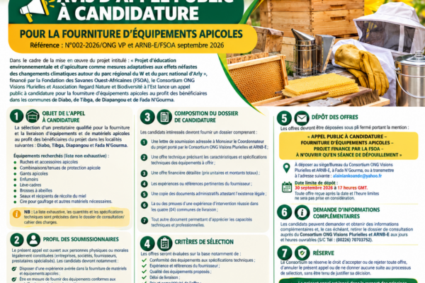 AVIS D’APPEL PUBLIC À CANDIDATURE POUR LA FOURNITURE D’ÉQUIPEMENTS APICOLES/Référence : N°002-2026/ONG VP et ARNB-E/FSOA septembre 2026